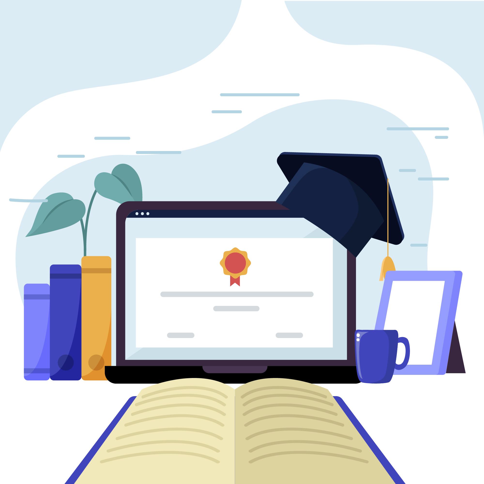 Online course with certificate and graduation cap on a laptop