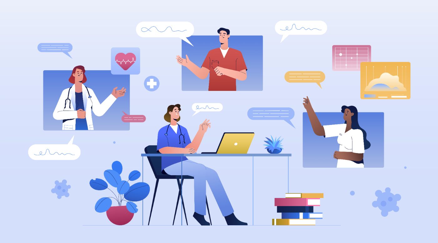 Healthcare professionals collaborating in a virtual training session