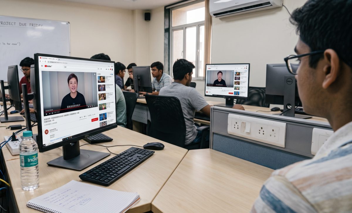 Learners in a computer lab watching localized video training