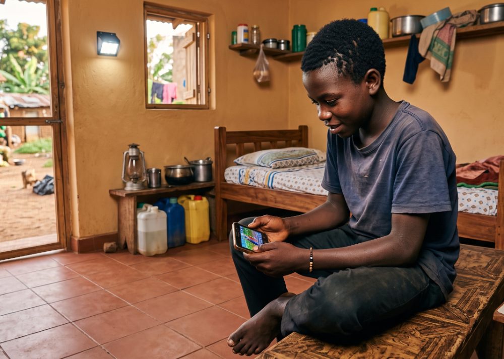 A young learner following localized training on a mobile phone at home