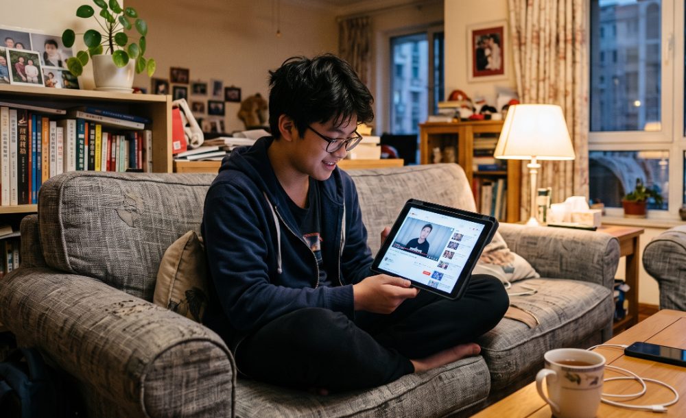 A learner watching a localized course on a tablet at home