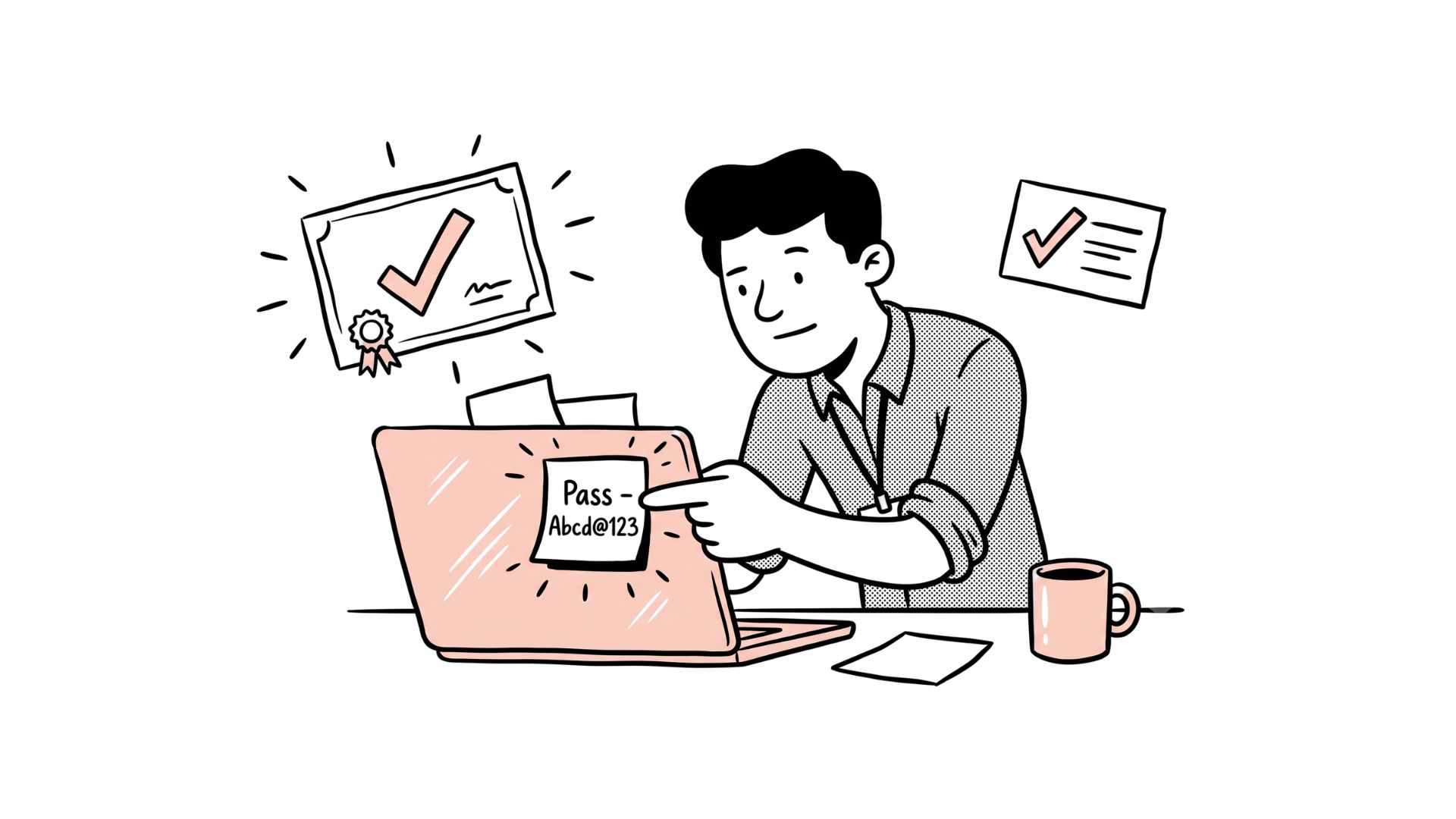 Employee who aced the security quiz still writing his password on a sticky note and leaving it on his laptop for the world to see