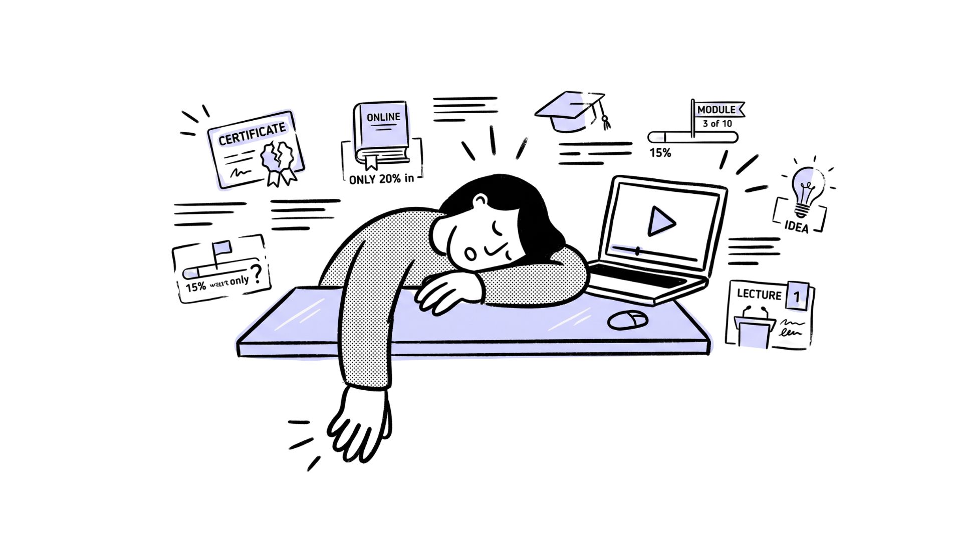 Learner asleep on her laptop surrounded by unfinished course modules, a cracked certificate and a 15% progress bar