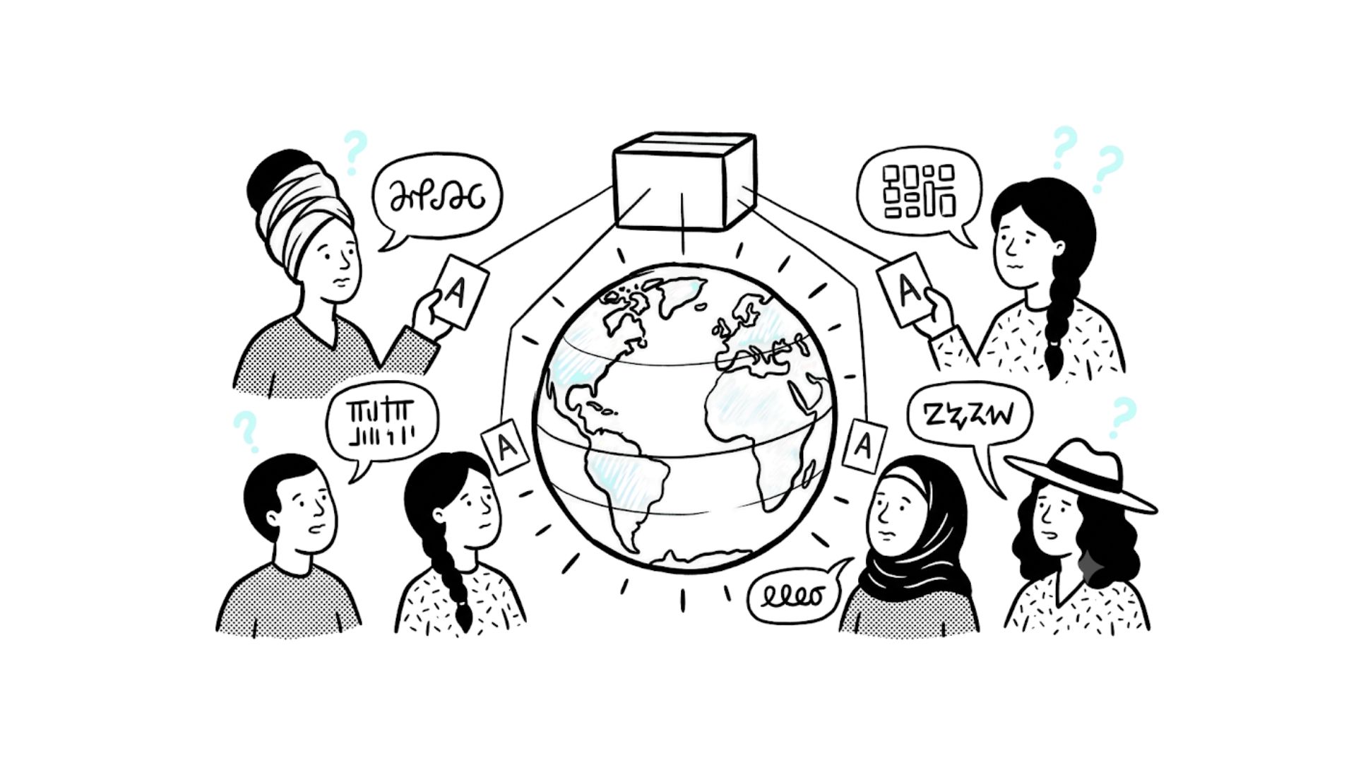 Learners from around the world with speech bubbles in different scripts handed English-only course material