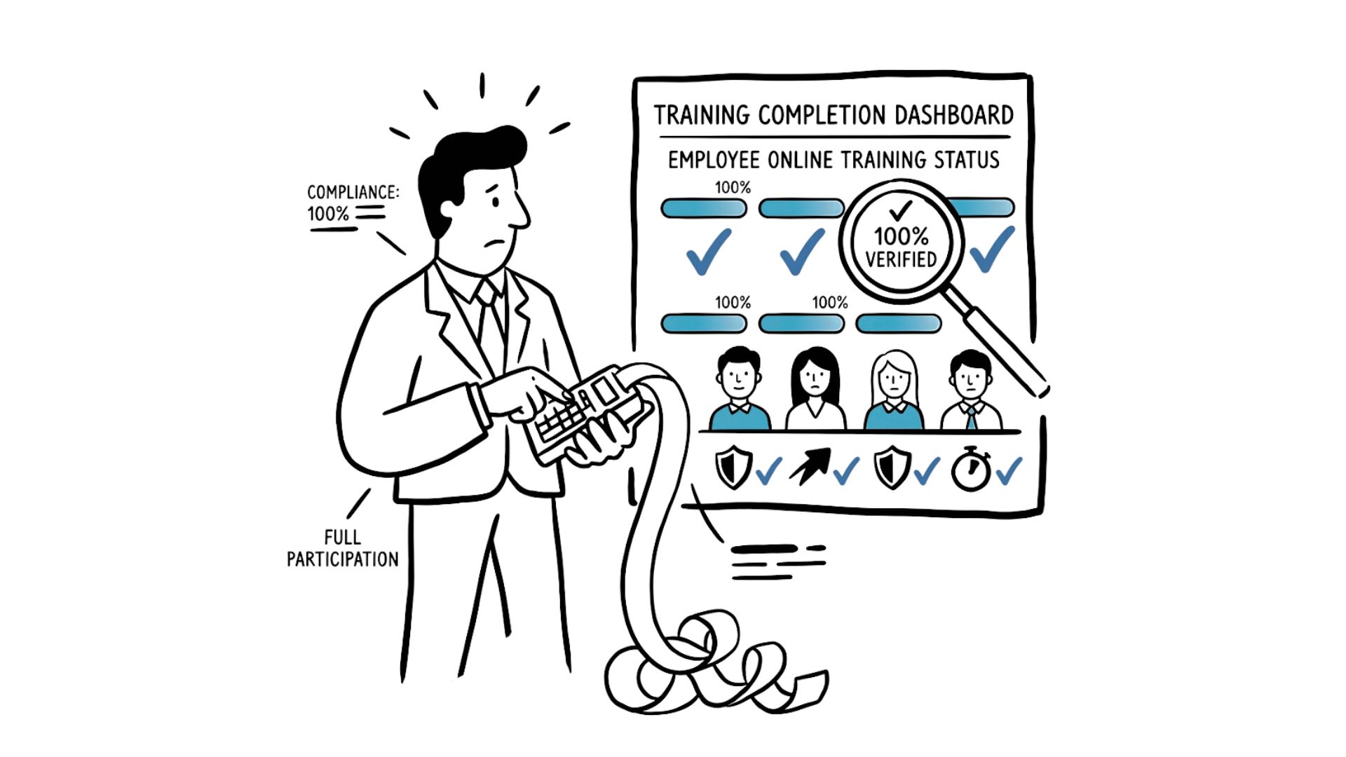 Manager holding an endless printout beside a dashboard showing 100% training completion and compliance