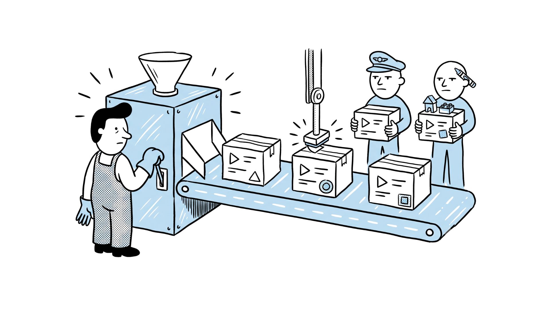 Courses rolling off a factory conveyor belt as identical boxes, the same template handed to every client whatever their role