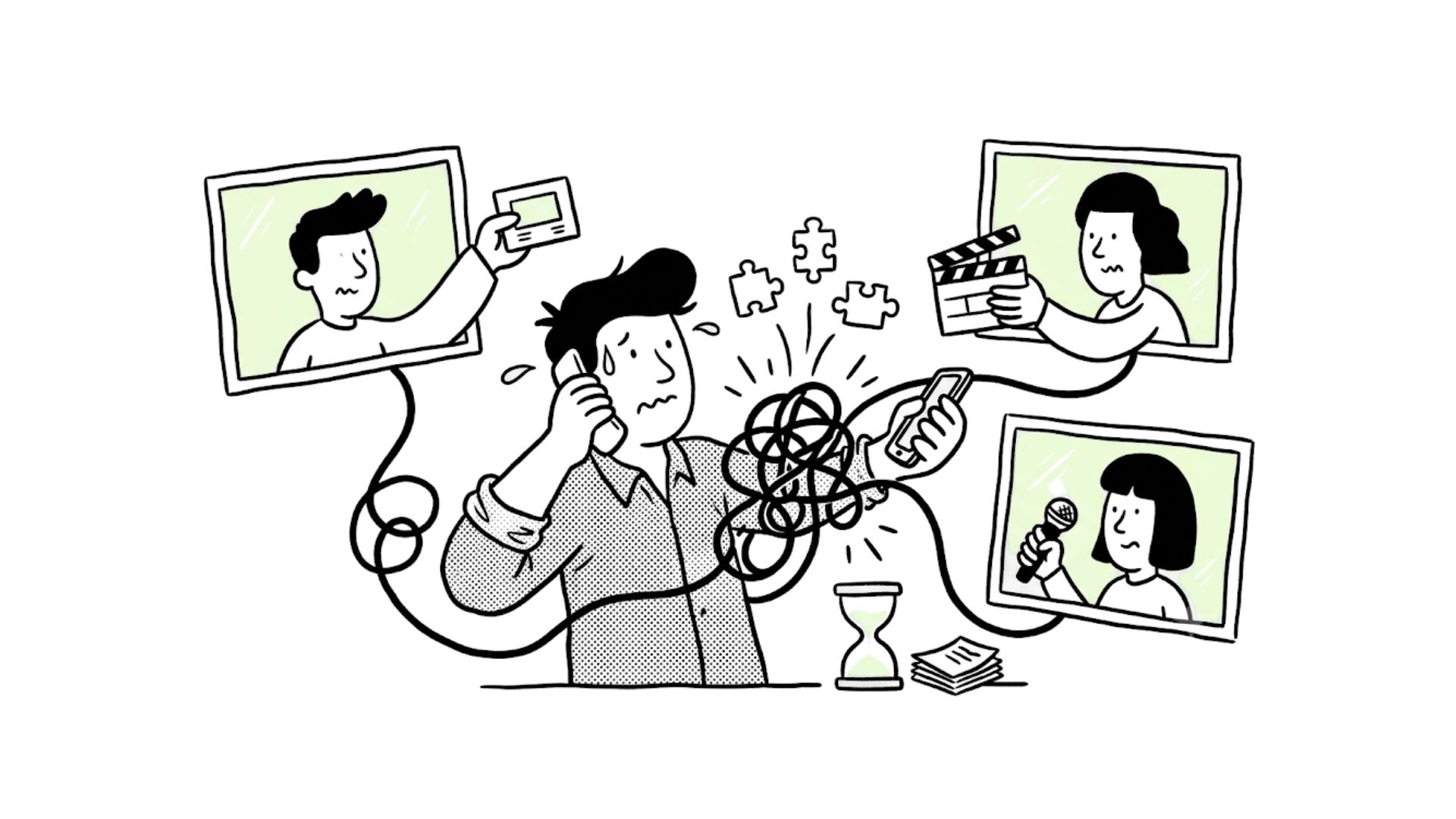 Project manager tangled in cables while coordinating separate animation, voice-over and ILT vendors